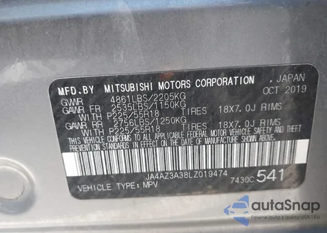 2020 Mitsubishi Outlander Sel 2.4 S-Awc z USA, uszkodzony, nr VIN JA4AZ3A38LZ019474